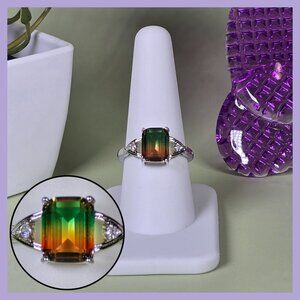 Emerald-Cut Simulated Watermelon‎ Tourmaline Silvery Ring Size 8.5 (NWOT)